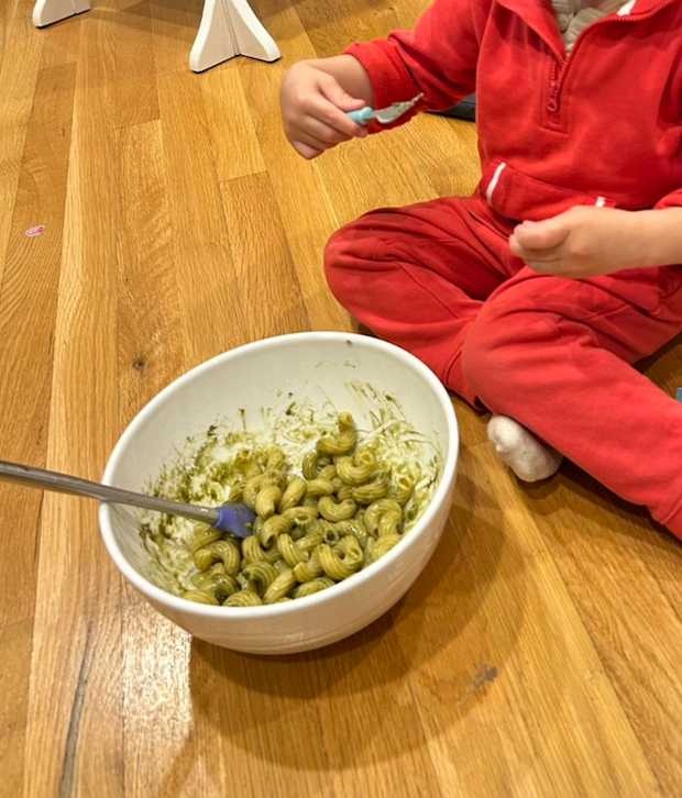 <h3><em>Our son testing an early version of "Green" (Spinach) Mac & Cheese </em></h3>